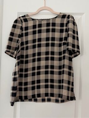 Vince Camuto Black and Cream Plaid Short-Sleeve Blouse